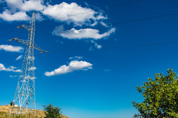 High voltage power lines on power pylons