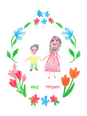 Family portrait, mother, son holding hands and smiling. Children drawing. Pencil illustration in children's style. Сoncept of family happiness, mothers Day, maternity, parenthood, childhood.