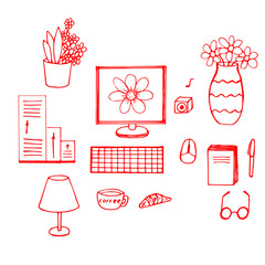 Business set, vector illustration, monitor with a flower background, keyboard, mouse, graph, flowers in a vase and in a pot, table lamp, coffee cup, croissant, glasses, diary, pen and music column,red