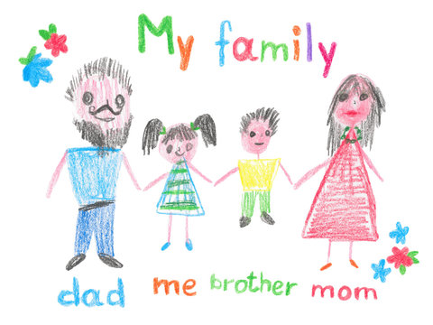 Family portrait, mother, father, sister, brother holding hands and smiling. Children drawing. Pencil illustration in children's style. Сoncept of family happiness, maternity, parenthood, childhood.