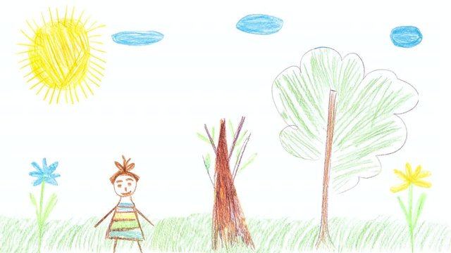 Animation of child drawing. Funny girl in summer fotest with flower. Kids creativity concept for hospitals, childrens centers and shops. Seamless motion graphic. Stock video.
