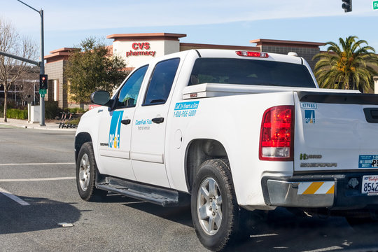 Feb 27, 2020 San Jose / CA / USA - PG&E (Pacific Gas And Electric Company) Service Vehicle Driving On A Street; San Francisco Bay Area