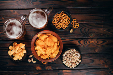 beer and snacks. bar table. restaurant, pub, oktoberfest food. friday party atmosphere, craft brewery concept