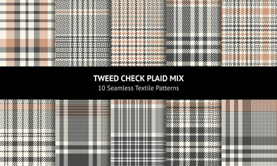 Glen check plaid pattern set. Seamless hounds tooth tartan vector plaid background texture in grey and beige for jacket, skirt, trousers, or other modern autumn tweed textile design. - obrazy, fototapety, plakaty