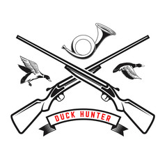 Emblem template of duck hunting club emblem with wild ducks, guns, hunting horn. Design element for logo, label, sign, poster, t shirt. Vector illustration