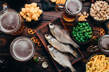 beer and snacks. bar table. restaurant, pub, oktoberfest food. friday party atmosphere, craft brewery concept