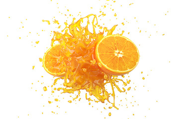 Explosion Orange juice liquid with Orange fruit on white background. 3D Render.