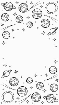 Cosmos template for stories, empty space for text. Hand-drawn doodle stars and planets of the solar system. Vertical format, painted door. Stock vector illustration isolated on transparent background.