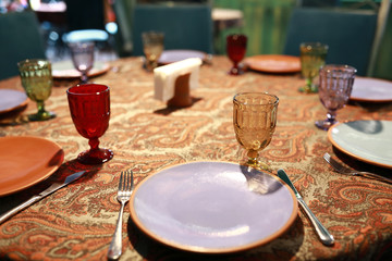 Dining table set with plates