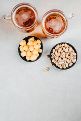 beer and snacks. bar table. restaurant, pub food. friday party atmosphere, craft brewery concept