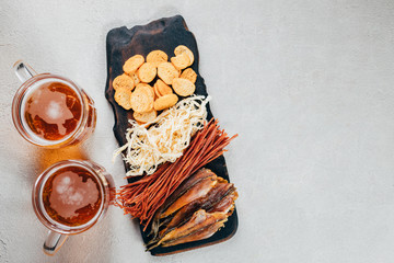 beer and seafood snacks. bar table. restaurant, pub, oktoberfest food. friday party atmosphere, craft brewery concept