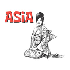 Geisha Woman Wearing Formal Kimono and Sitting on Her Knees Vector Illustration