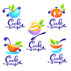 cook soup, vector collection of bowl full of tasty soup for your menu, logo, emblems and symbols