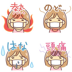 風邪の症状（熱・のど・鼻・頭痛）のイラスト（女性）