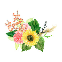 Watercolor illustration sunflower rose wildflower blossom Botanical leaves collection Set of wild and garden wreath bouquet arrangements hand painted