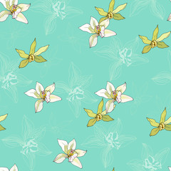 Tropical turquoise floral pattern. Vector background with yellow vanilla flowers for the design of banners, invitations, fabrics and paper.