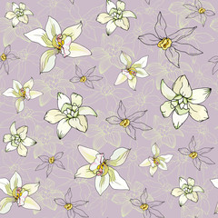 Violet floral seamless pattern with yellow vanilla flowers. Endless vector background for fabric, cards, banners and paper for decoration.