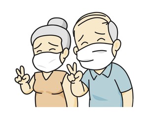 Old man and old woman show two finger. Wear mask to protect virus of PM 2.5. vector illustration isolated cartoon hand drawn