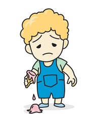 Boy feeling unhappy with ice cream drop on the floor. vector illustration isolated cartoon hand drawn