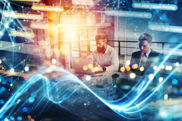 Business people collaborate together in office. Internet connection effects. Double exposure