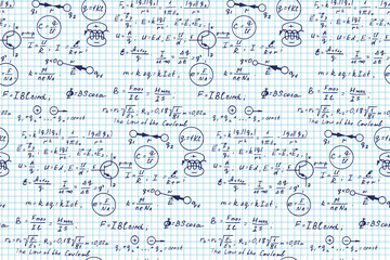 Obraz na płótnie Canvas Physics, electronic engineering, mathematics equation and calculations, endless hand writing. Vector scientific and technology seamless pattern on notebook page.