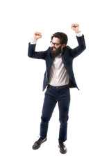 happy bearded businessman celebrating his success, isolated on white background