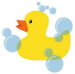 Rubber Duck with Soap Bubbles Vector Illustration
