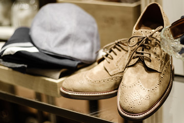 Fototapeta na wymiar brown color man vintage leather shoes display on shelf