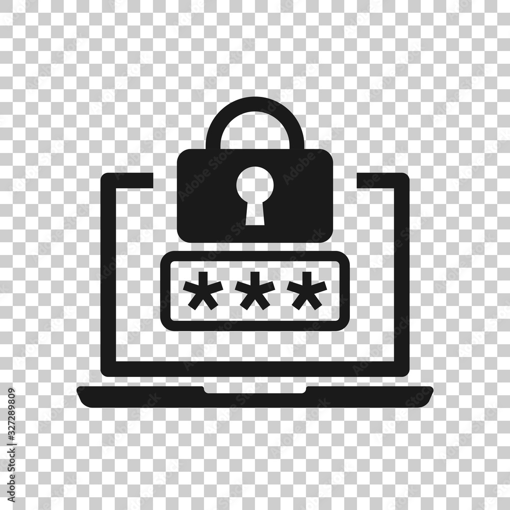 Poster laptop with password icon in flat style. computer access vector illustration on white isolated backg