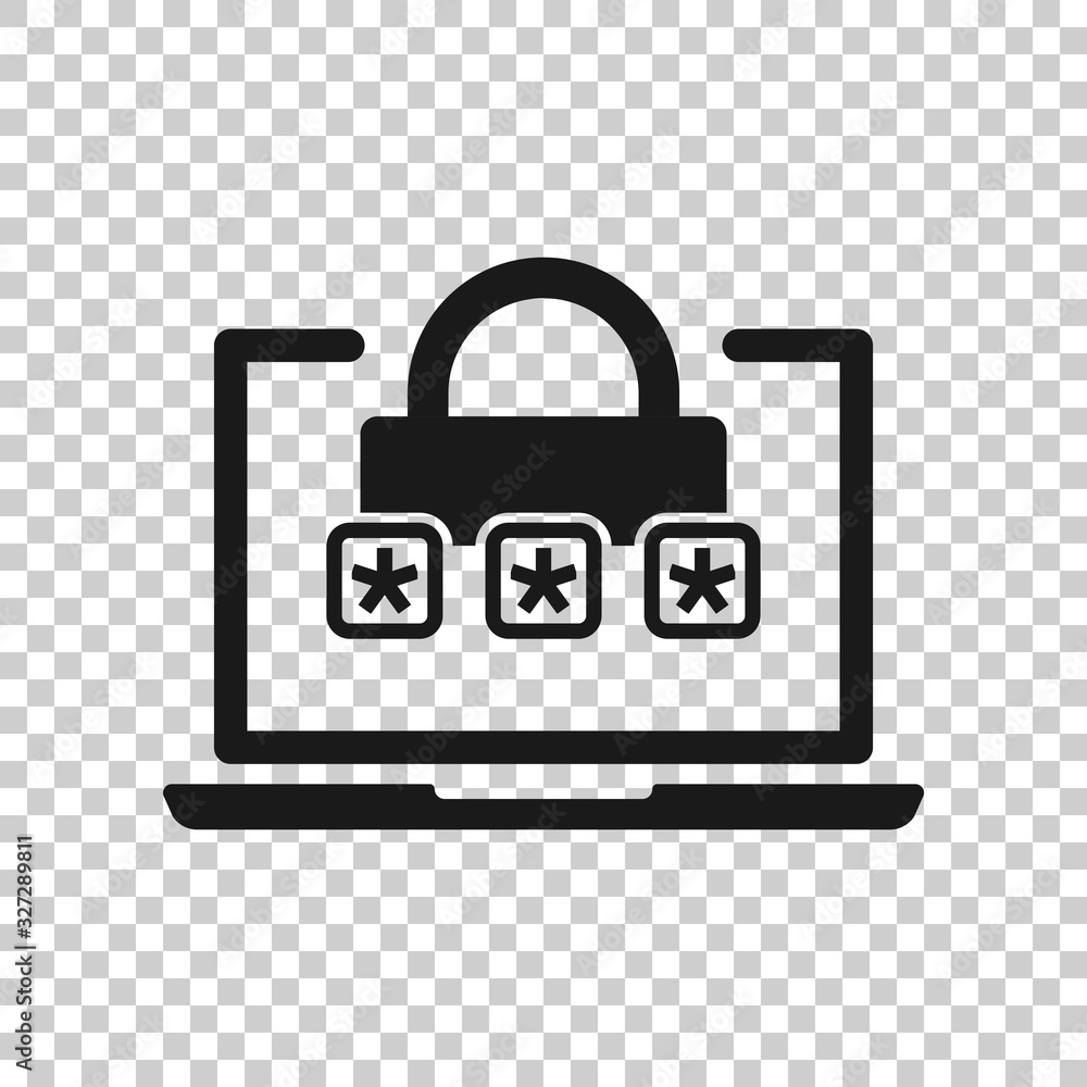 Poster laptop with password icon in flat style. computer access vector illustration on white isolated backg