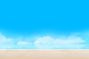 Fototapeta na wymiar 青空と海、ウッドデッキの背景