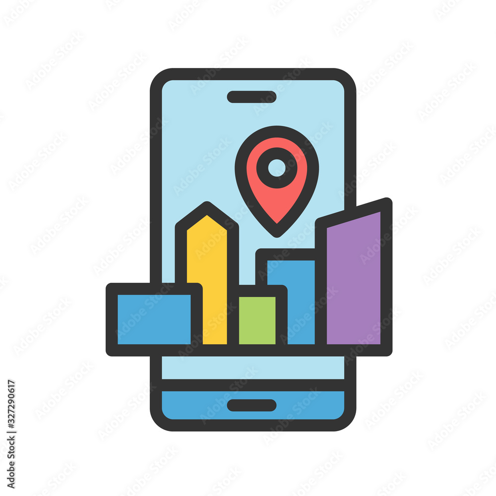 Poster augmented reality location filled outline icon. ar smartphone with gps location linear color icon. v