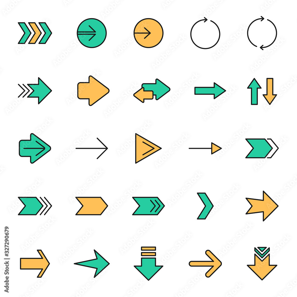 Poster arrows filled outline icon set. arrows two color line icons isolated on white background. different 
