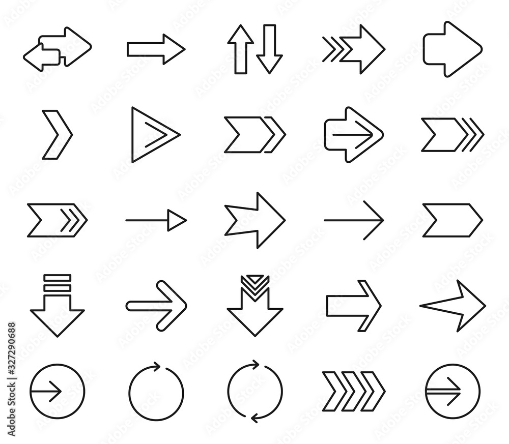 Poster different arrows outline icons. set of 25 high quality web icons for mobile apps, ui design and prin
