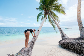 Fototapeta na wymiar Vacation on the seashore.Young woman in black swimsuit on the beautiful tropical beach climbing on coconut palm tree.