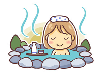「温泉に入る女性」のデフォルメイラスト（露天風呂）