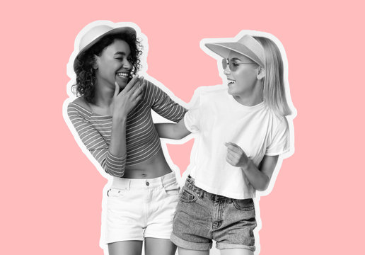 Collage in magazine style with two happy young girls wearing summer clothes on pink background