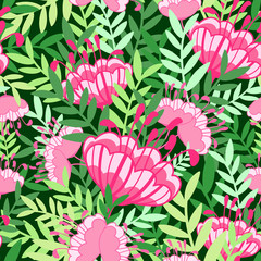 Vector seamless pattern with flowers and leaves. Spring summer background. Vector illustration.