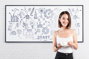 Smiling woman with coffee and her business plan