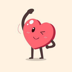 Cartoon heart character doing side bend stretch exercise for design.