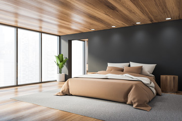 Panoramic grey master bedroom corner