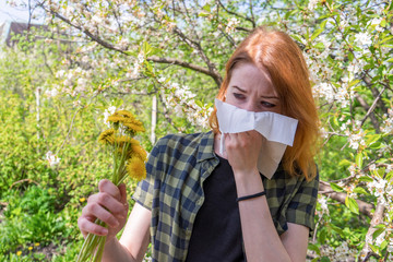 Season allergy to flowering plants pollen. Young woman with dandelion bouquet and paper handkerchief covering her nose in garden. Teen girl sneezing against blossoming trees. Seasonal allergy problem