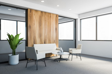 White and wooden office waiting room with sofa