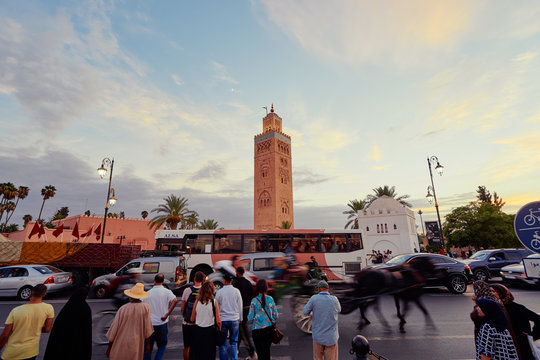Busy street near Minaret de la Koutoubia Mosque, Marrakech, Morocco.