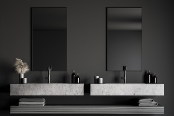 Double sink in modern gray bathroom