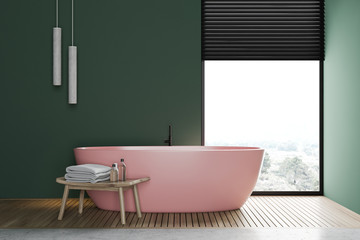 Green bathroom interior with pink tub