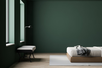Green master bedroom interior with bench