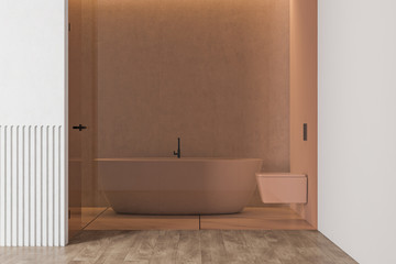 White bathroom interior with tub and toilet