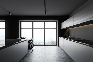 Gray kitchen with bar and countertops, side view