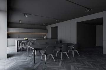 Modern gray kitchen with bar and table